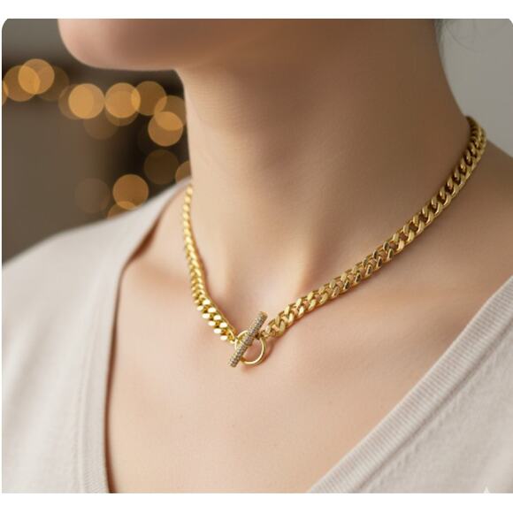 Cuban Link Gold Plated Chain Toggle with CZs 16 in - Picture 1 of 5